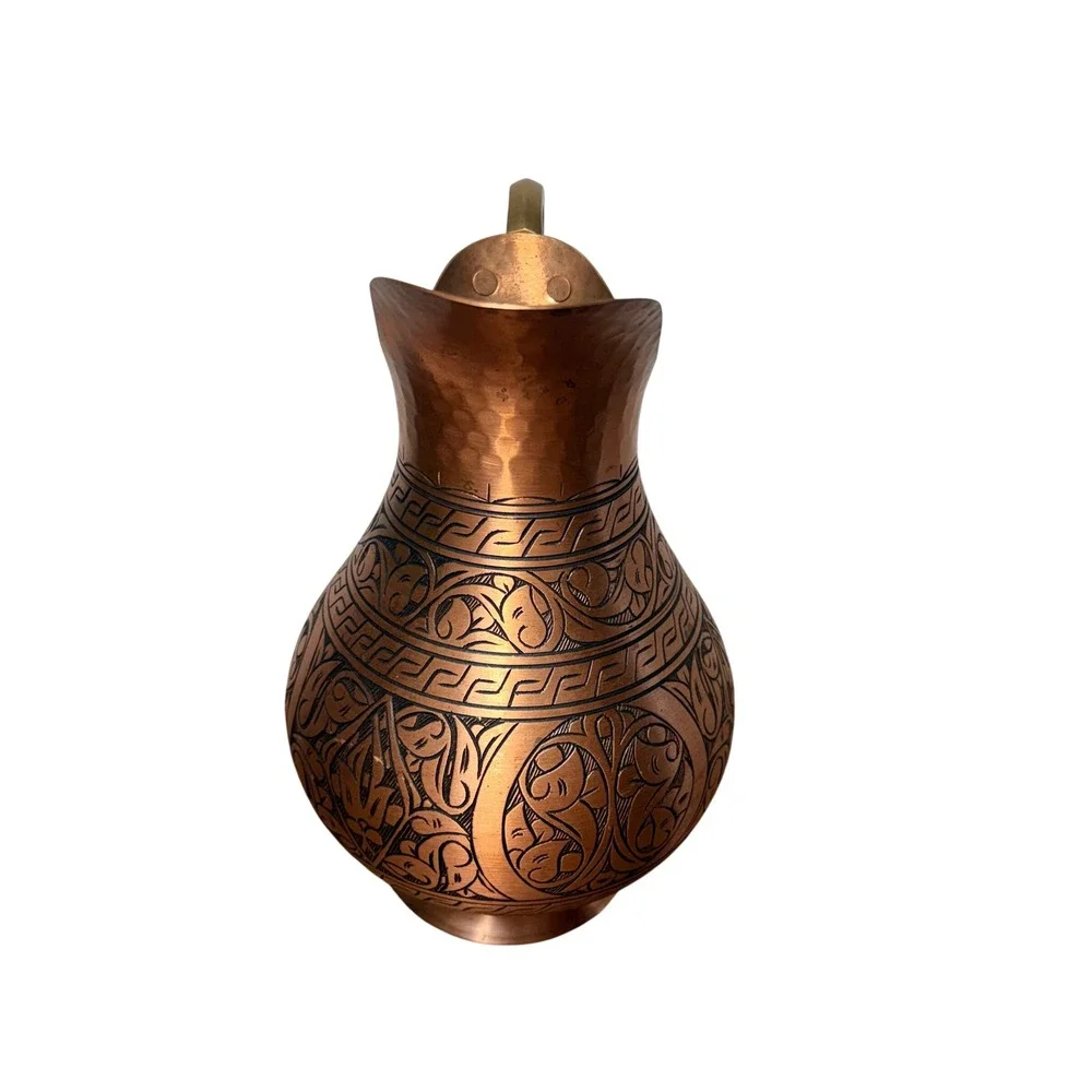 DEMMEX Engraved Turkish Copper Pitcher Handmade Ewer Vessel‎ Vase Folk moroccan